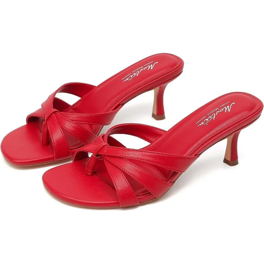 Women Strappy Kitten Heels Open Toe Slip On Mules Thong Sandal for Party Wedding